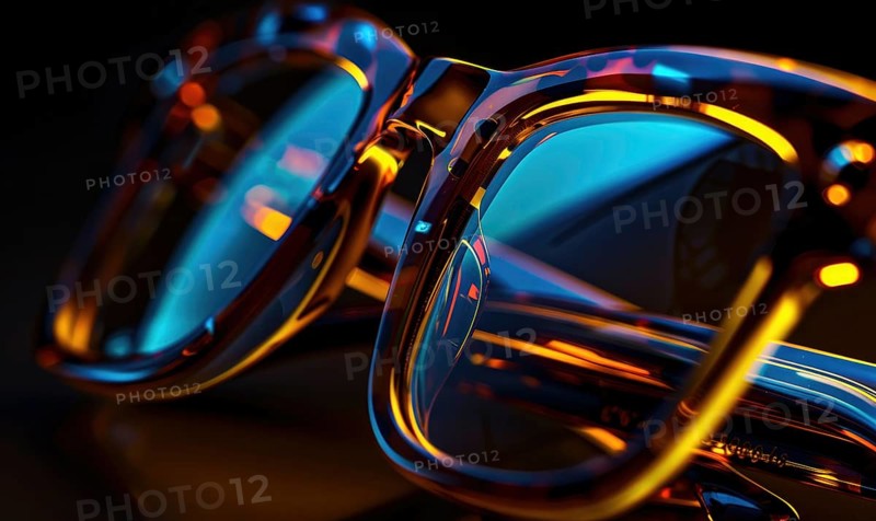 Close-up of modern eyeglasses with a blue reflective tint against a dark background AI generated