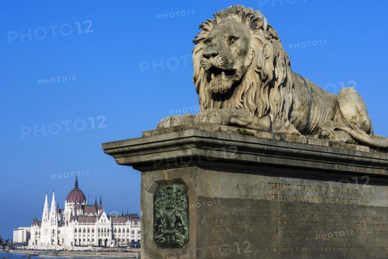 Lion of the Chain Bridge with the Parliament, travel, city trip, tourism, Eastern Europe, architecture, building, monument, history, historical, attraction, sightseeing, sculpture, capital, Budapest, Hungary, Europe
