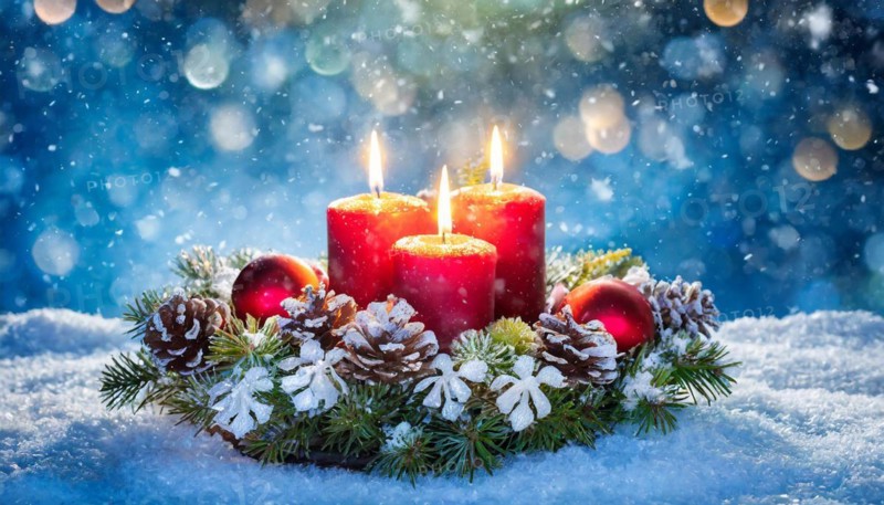 Ai generated, Advent wreath with burning candles, Christmas time, Christmas decoration, 3rd Advent, Third Adventt