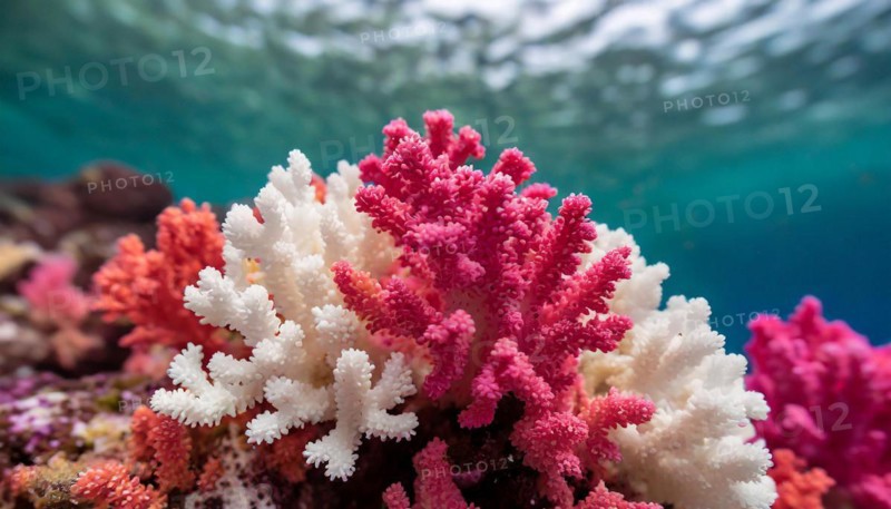 AI generated, red and white corals in the sea, polyps, small marine animals