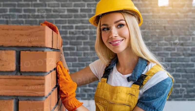 AI generated, A female bricklayer inspects a brick wall, 30, 35, years