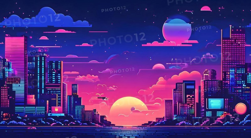 Website header blending retro pixel style elements and modern graphics pixelated icons, AI generated