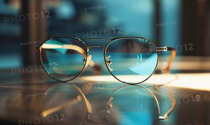 Aviator sunglasses reflecting blue tones on a glossy surface AI generated