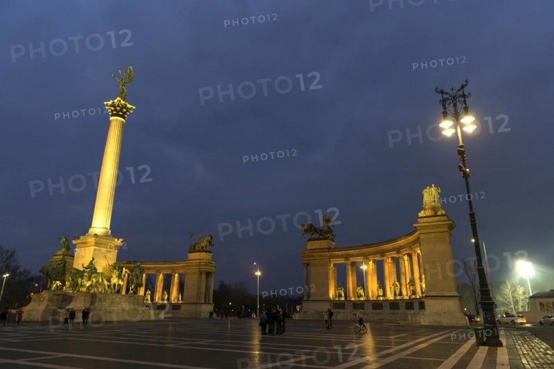 Heroes' Square in the evening light, illuminated, night shot, evening, monument, sculpture, downtown, centre, night view, Danube, city trip, tourism, Eastern European, building, architecture, city history, history, attraction, politics, historical, capital, Eastern Europe, Budapest, Hungary, Europe