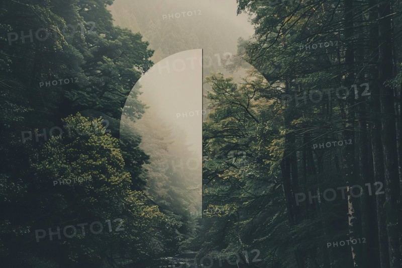 Ethereal and foggy forest with a surreal arch-like opening that creates a sense of mystery, AI generated
