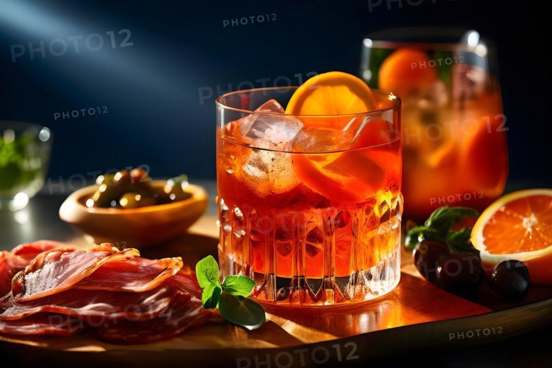 Aperol spritz condensation on glass vibrant orange hue platter of antipasti arrayed, AI generated