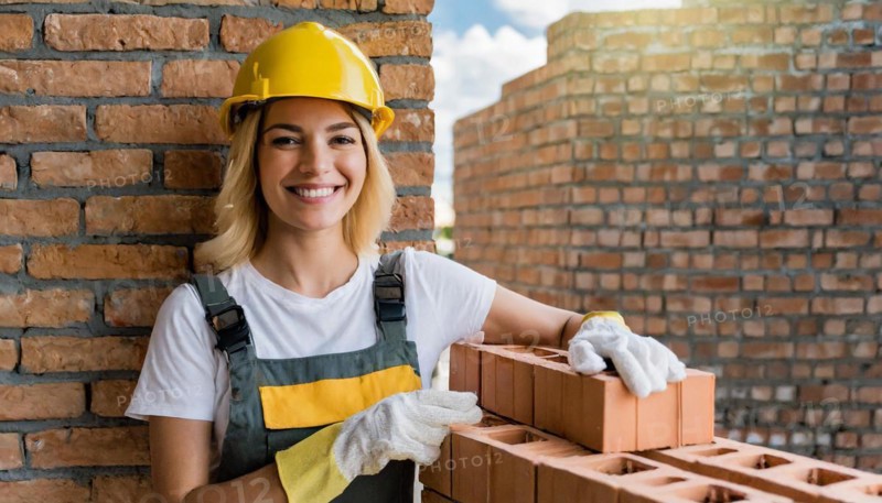 AI generated, A female bricklayer inspects a brick wall, 30, 35, years