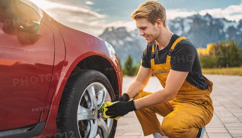 AI generated, A mechanic changes the tyres on a customer's car, tyre fitting, red car