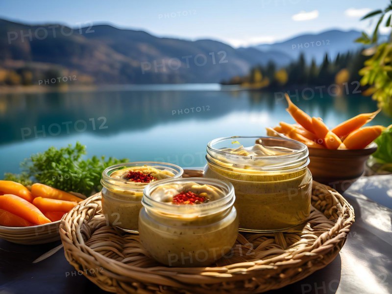 Homemade hummus in glass jars carrot sticks arranged inside a woven basket, AI generated