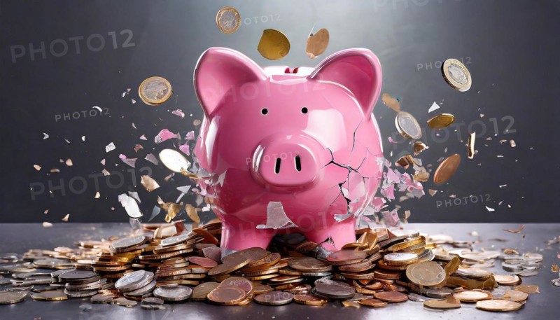 AI generated, A pink piggy bank full of coins breaks apart
