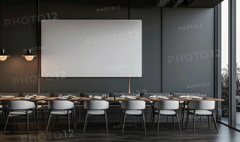 Sophisticated modern dining space with a blank whiteboard and pendant lamps AI generated