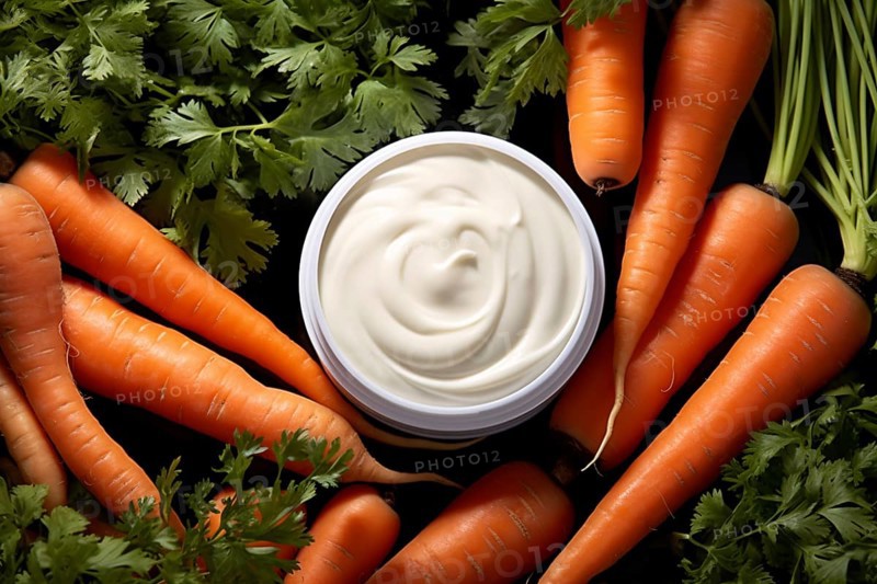 Top view of pot of facial cream surrounded by carrots. KI generiert, generiert AI generated