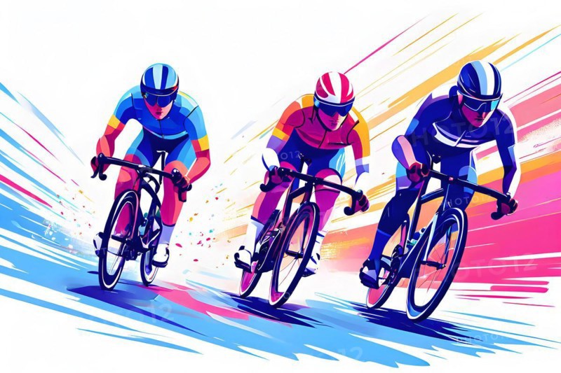 Cyclists in velodrome, color line art, AI generated
