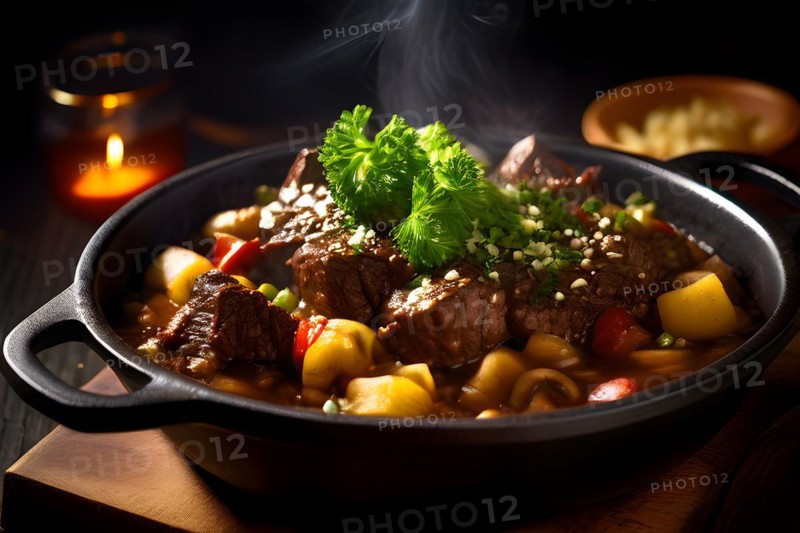 Steaming hot pieces of Gaisburger Marsch beef mixed with spaetzle and vegetables, AI generated, AI generated