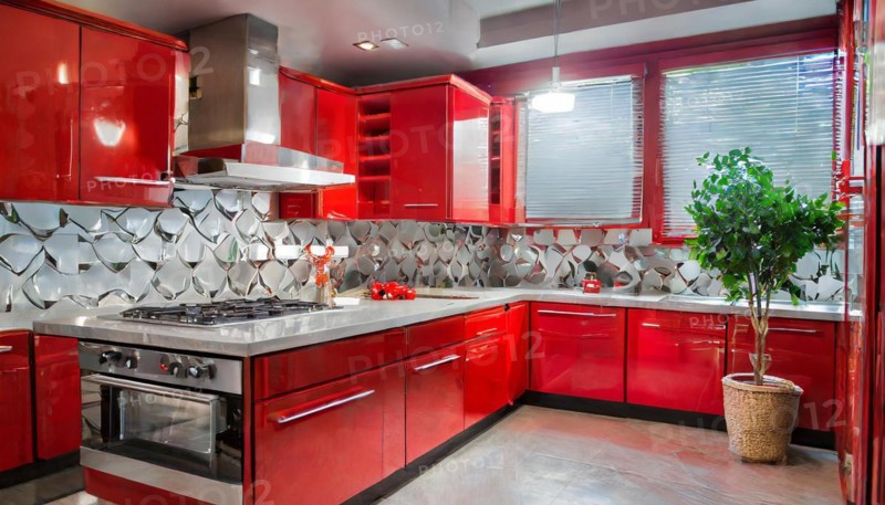 KI generated, A new red fitted kitchen has just been installed