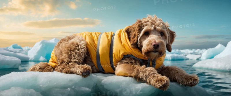 Labradoodle Dog in a yellow puffer vest jacket lying peacefully on an ice floe, alone isolated in the artic sea. Environmental and climate change issues concept, AI generated