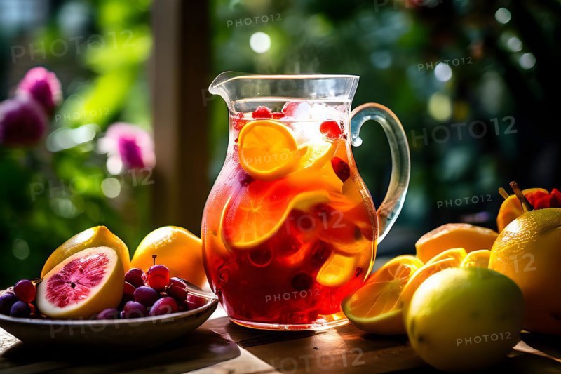 Sangria pitcher brimming with oranges lemons apples, AI generated