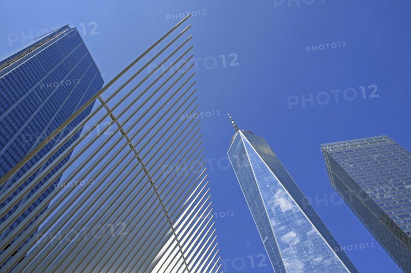 Wing of the Oculus Building, World Trade Center Station, Transportation Hub, skyscrapers One World Trace Center or Freedom Tower, 7 WTC, 3 WTC, Ground Zero, Lower Manhattan, New York City, New York, USA, North America