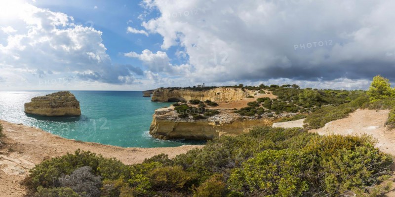 Rocky coast in the Algarve, summer holiday, weather, sunny, Atlantic, panorama, summer holiday, travel, holiday, tourism, nature, rocky, landscape, coastal landscape, rocks, cliffs, bay, bay of the sea, sea, Carvoeiro, Portugal, Europe