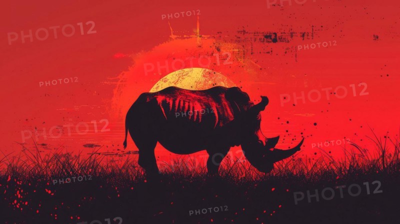 Silhouette of a rhinoceros with a red backdrop and paint splatter effects, ai generated, AI generated