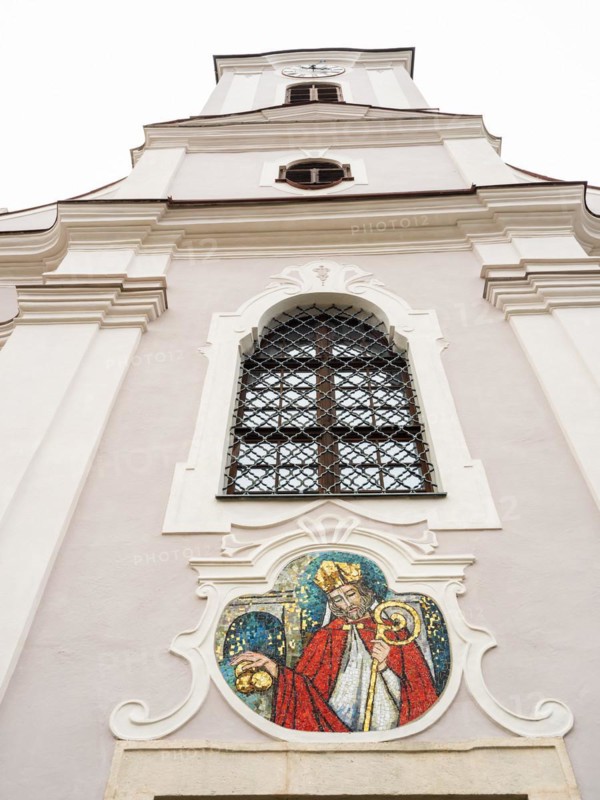 Church tower, mosaic on the church facade, St Nicholas, Roman Catholic parish church of St Nicholas, Stubenberg am See, Eastern Styria, Styria, Austria, Europe