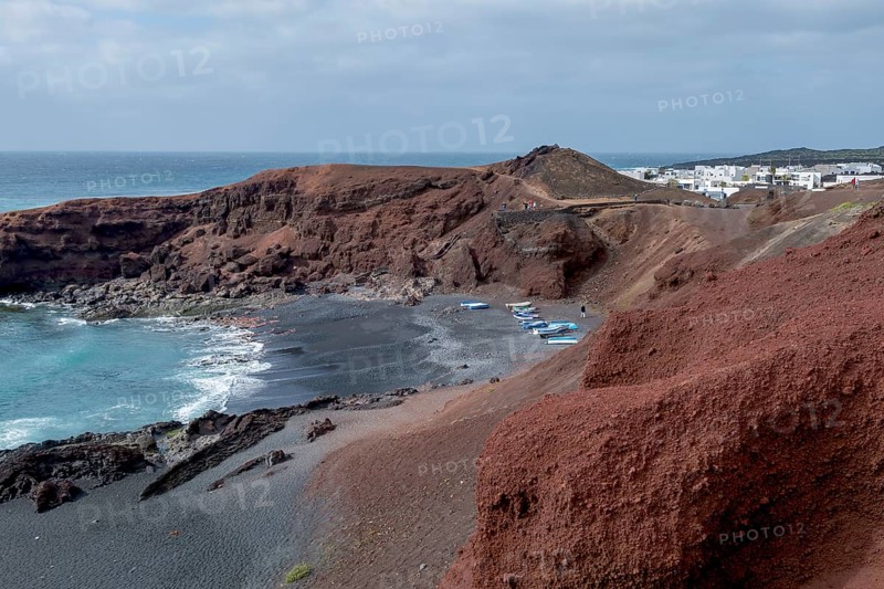 Fishing boats on the black beach of El Golfo, volcanic crater, Lanzarote, Canary Islands, Spain, Europe