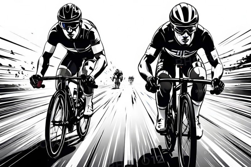 Line art black and white cyclist in velodrome, AI generated