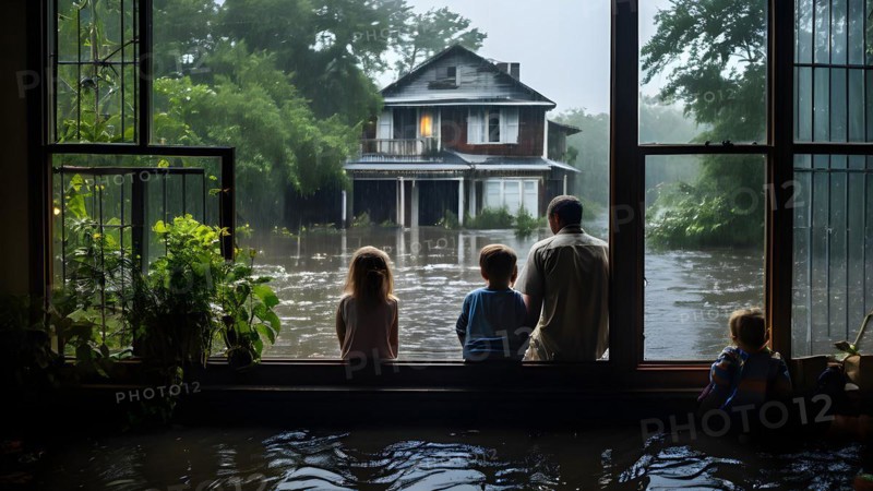 Family in partially submerged house from floodwater, AI generated