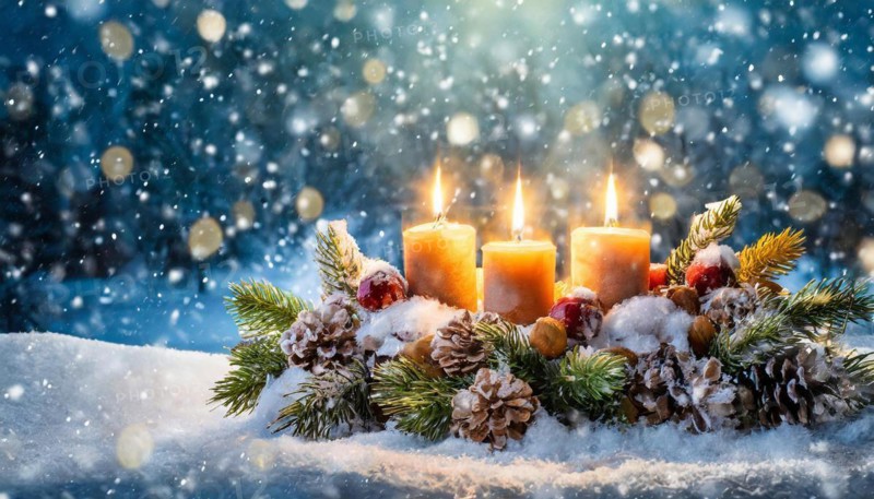 Ai generated, Advent wreath with burning candles, Christmas time, Christmas decoration, 3rd Advent, Third Adventt