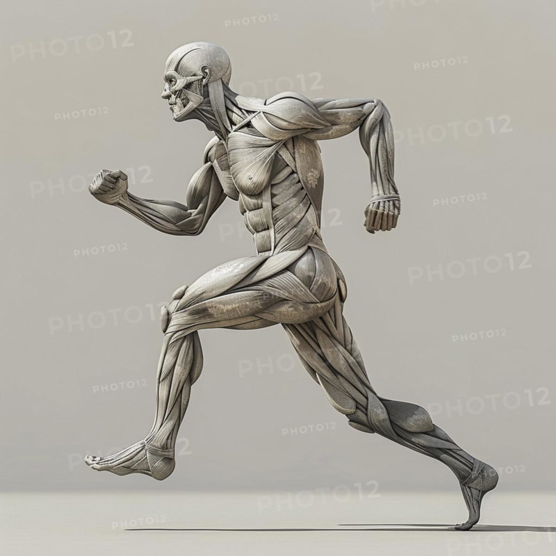 Monochrome anatomical model of a walking human with detailed view of the muscle structure, AI generated, AI generated, AI generated