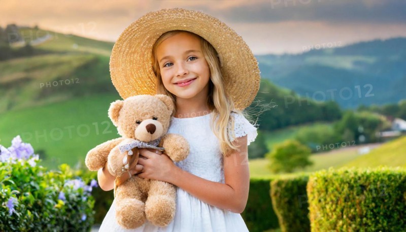 Ai generated, A blonde girl, 8 years old, enjoys the summer in a meadow with lots of flowers and is happy about her teddy bear, mascot
