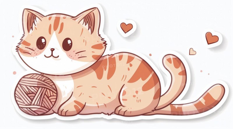 A playful orange cartoon cat sticker with yarn and small hearts around it, ai generated, AI generated