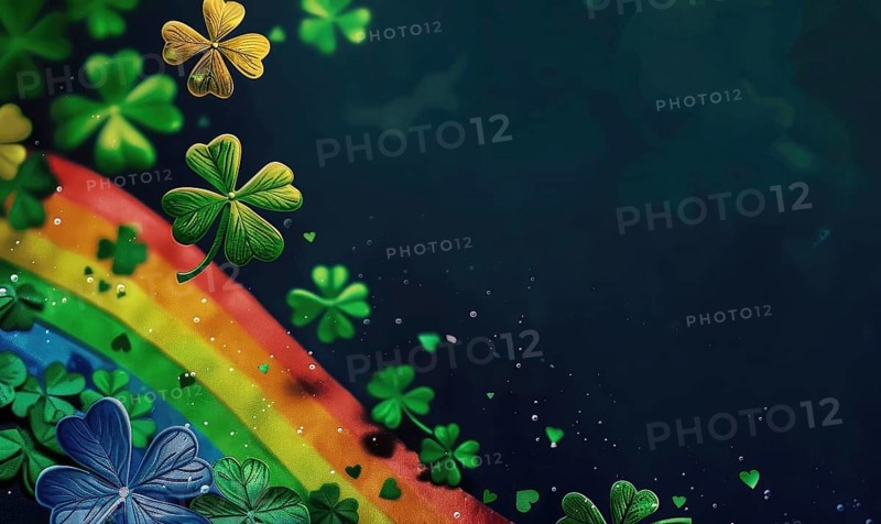 Mysterious dark background with a rainbow, clovers, and sparkling glitter AI generated