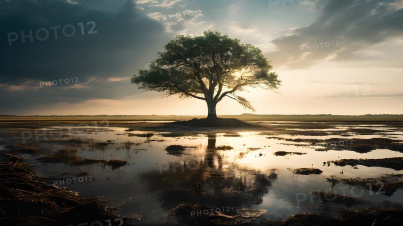 Lonet ree exemplifies resilience surrounded by a vast expanse of a flooded field, AI generated