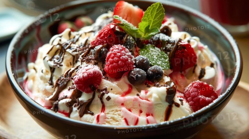 Indulgent sundae with berries, drizzled chocolate sauce, and whipped cream, ai generated, AI generated