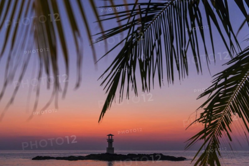 Lighthouse of Khao Lak in the evening mood, evening, sunset, travel, holiday, mood, paradise, palm, evening sun, orange, sky, water, sea, ocean, sky, tropical, island, rock, Thailand, Asia