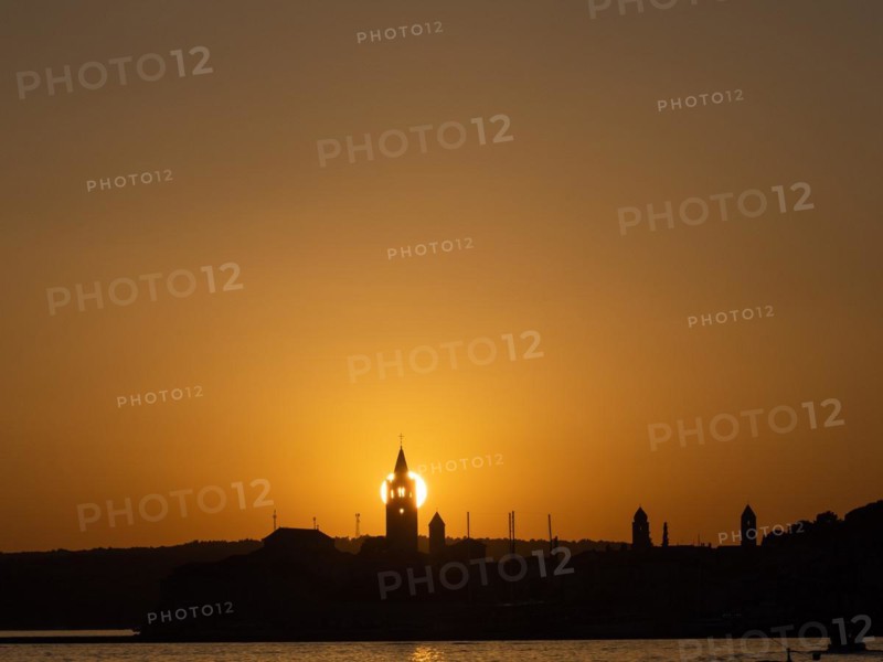 Sunset, silhouette of the church towers of Rab, town of Rab, island of Rab, Kvarner Gulf Bay, Croatia, Europe