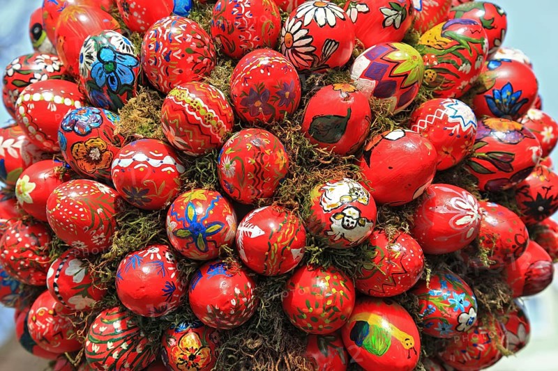 Detail of an Easter fountain in Franconian Switzerland, Bamberg district, Upper Franconia, Germany, many colourful blown-out and dyed eggs as decoration, Easter custom, Europe