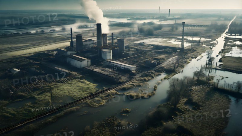 Aerial perspective captures devastated agricultural landscapes immersed in floodwaters, AI generated