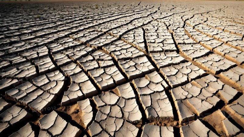 Barren field featuring cracked earth under a merciless scorching sun, AI generated