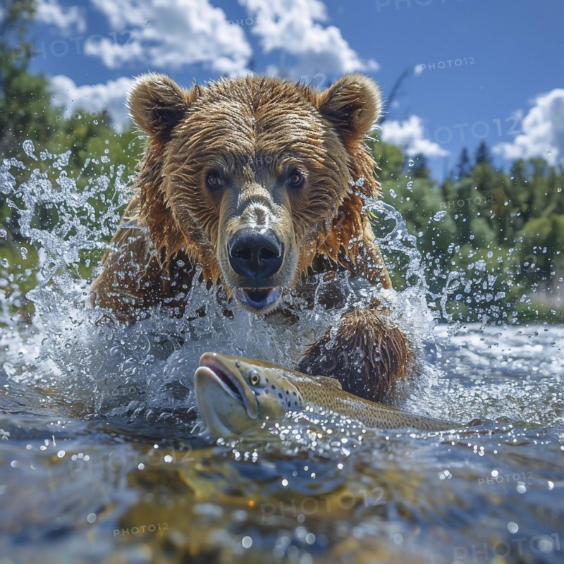 A brown bear hunts salmon in shallow clear water, AI generated