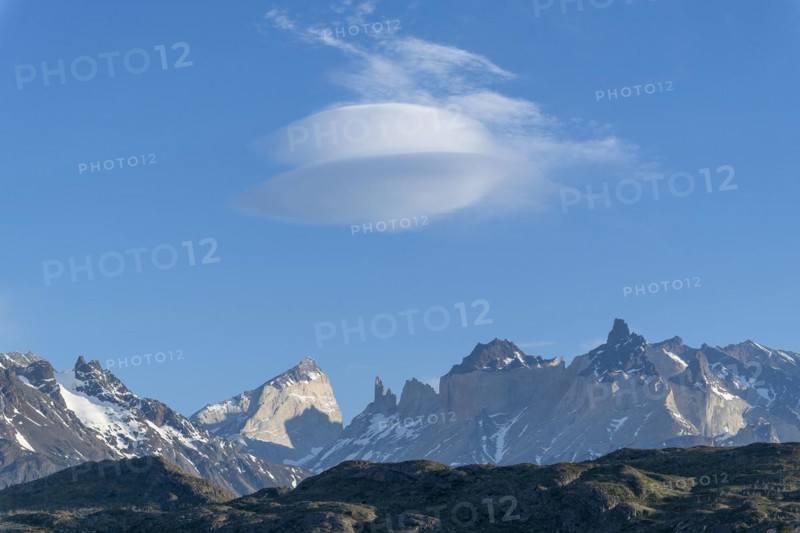UFO-shaped cloud over Lago Grey, Torres del Paine National Park, Parque Nacional Torres del Paine, Cordillera del Paine, Towers of the Blue Sky, Region de Magallanes y de la Antartica Chilena, Ultima Esperanza Province, UNESCO Biosphere Reserve, Patagonia, End of the World, Chile, South America