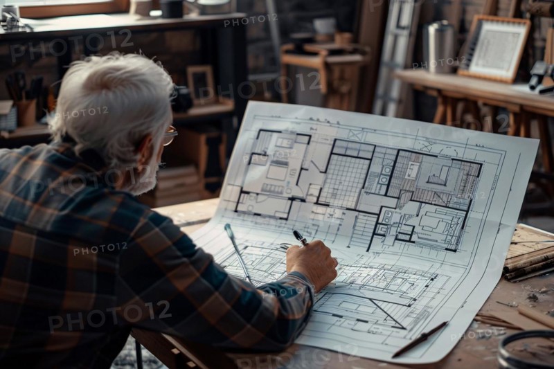 An elderly individual deeply engaged in drafting architectural plans at a desk, AI generated
