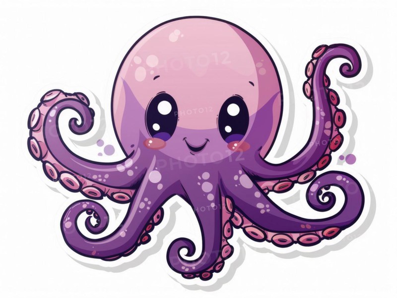 A smiling purple cartoon octopus with pink spots on a white background, ai generated, AI generated