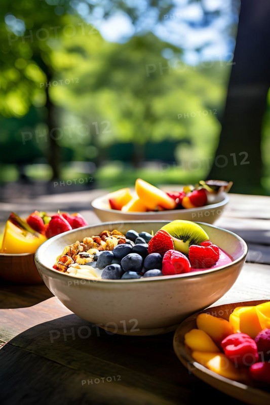 Smoothie bowls garnished with vibrant fresh fruits and an assortment of nuts, AI generated