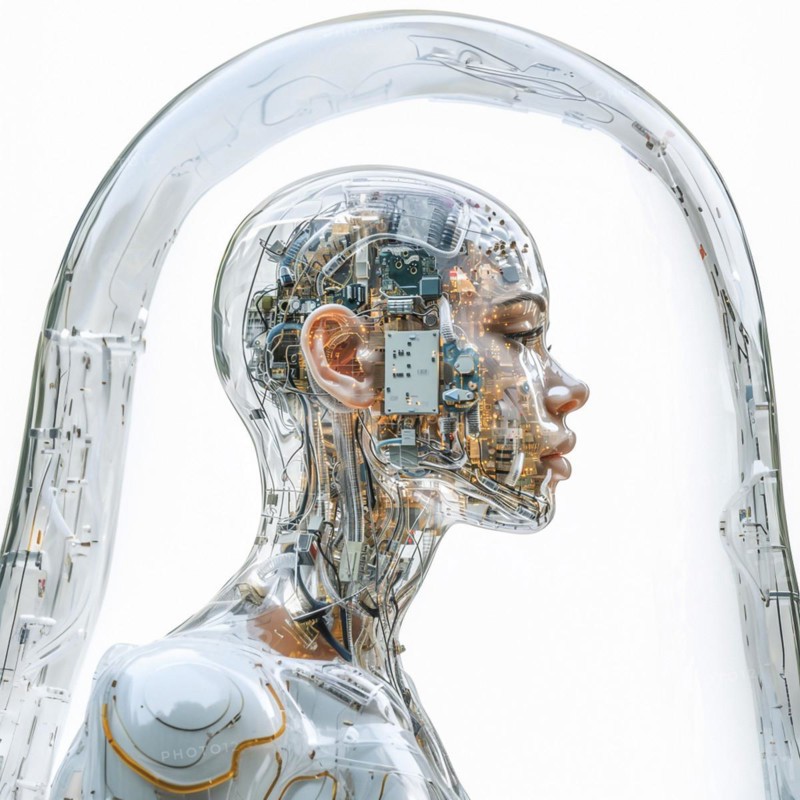 Medical a human head with brain and computer chip, symbol image KI in the human brain, ai generated, AI generated