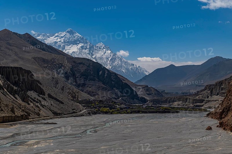 Huge riverbed before the Annapurna mountain range, Kingdom of Mustang, Nepal, Asia