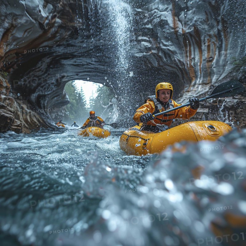 Whitewater riders ride boats through rapids, AI generated