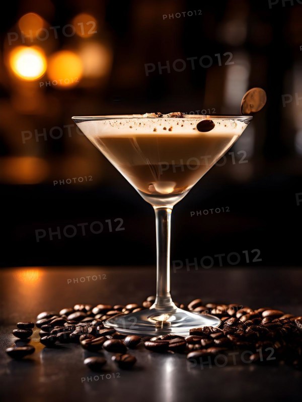 Espresso martini in a frosted cocktail glass adorned with three coffee beans, AI generated