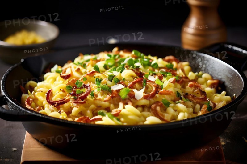 Cheese spaetzle nestled in a cast iron skillet fried onions caramelized to a golden crisp, AI generated